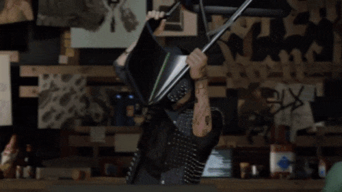 a gif of wrench (watch dogs 2) throwing a folding chair on the floor